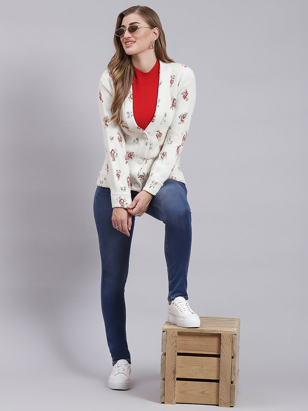 Women Off White Jaquard Wool blend Cardigan