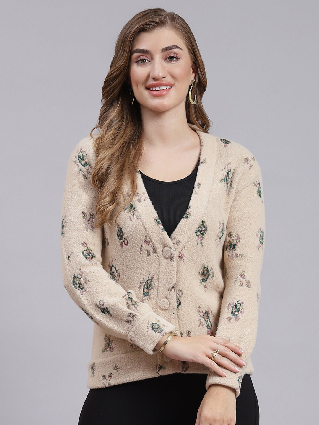 Women Camel Brown Jaquard Wool blend Cardigan