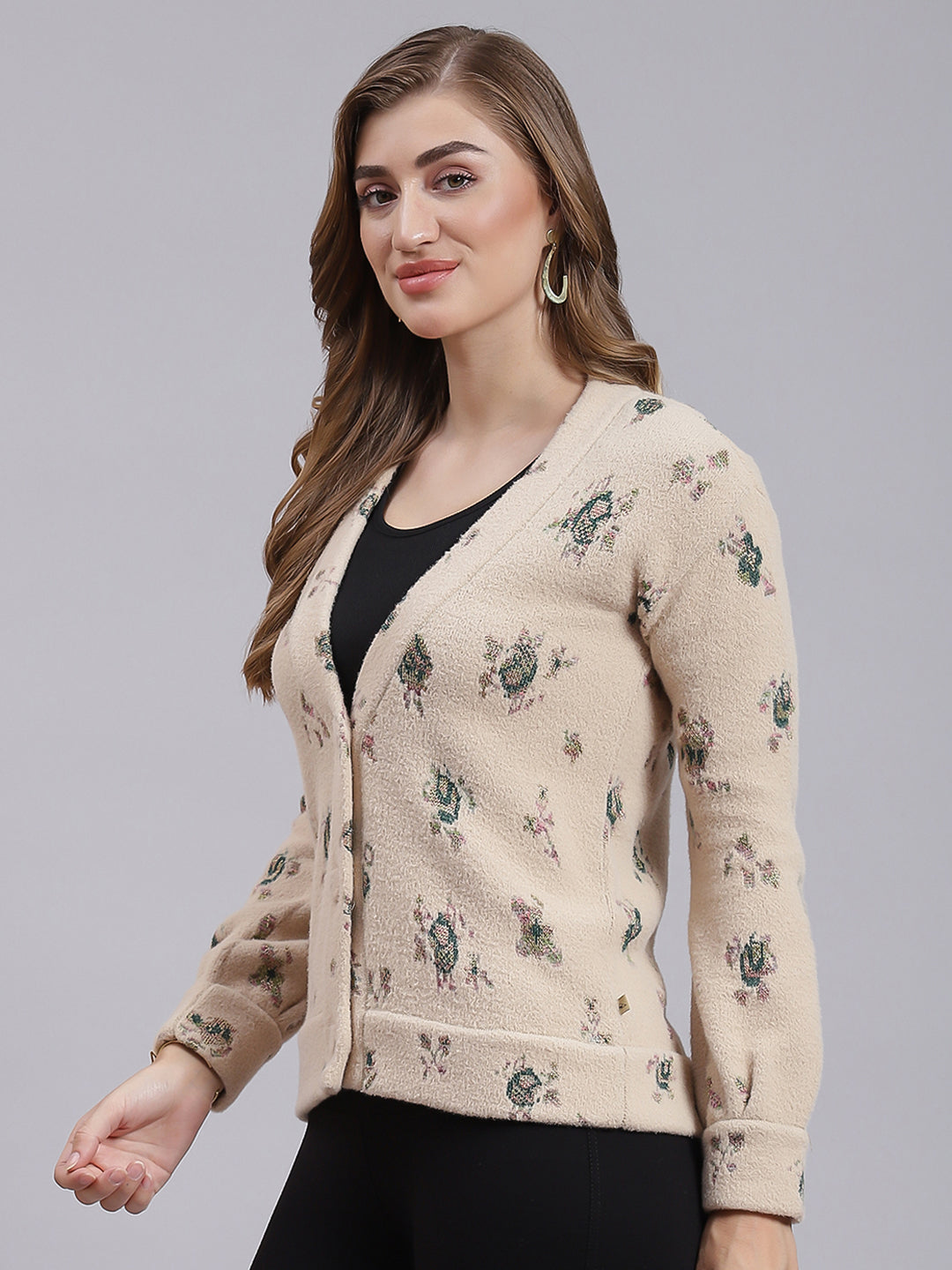 Women Camel Brown Jaquard Wool blend Cardigan