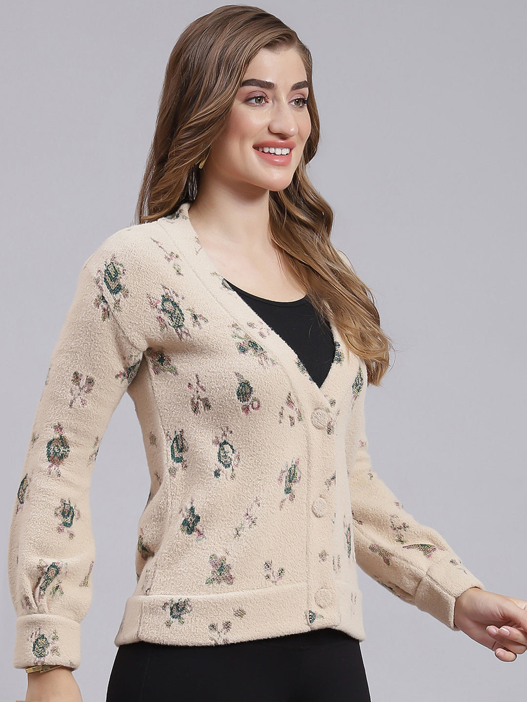 Women Camel Brown Jaquard Wool blend Cardigan