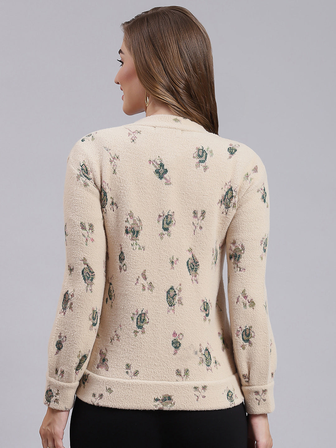 Women Camel Brown Jaquard Wool blend Cardigan