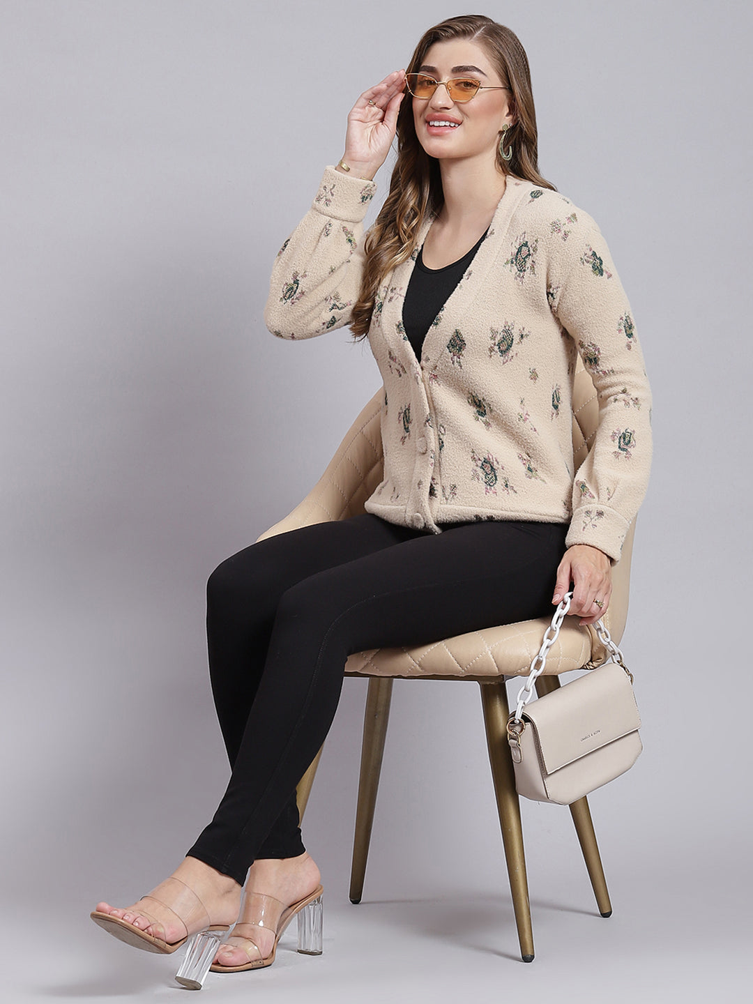 Women Camel Brown Jaquard Wool blend Cardigan