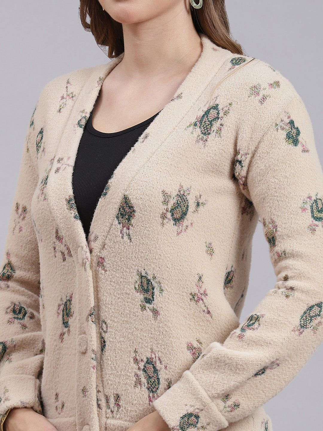 Women Camel Brown Jaquard Wool blend Cardigan