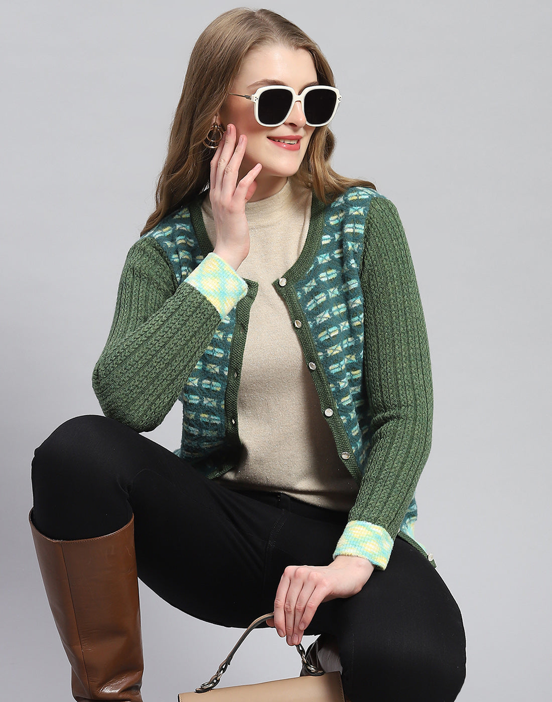Women Green Self Design Round Neck Full Sleeve Cardigan
