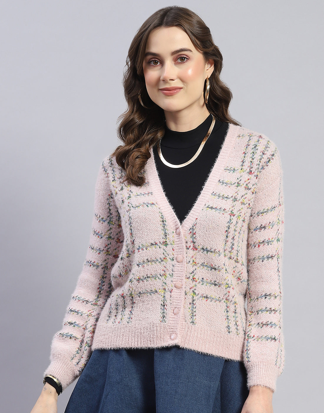 Women Pink Check V Neck Full Sleeve Cardigan