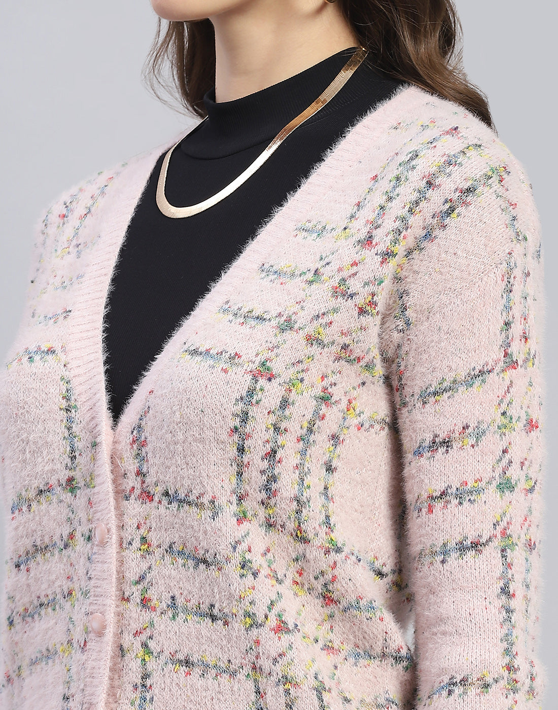 Women Pink Check V Neck Full Sleeve Cardigan