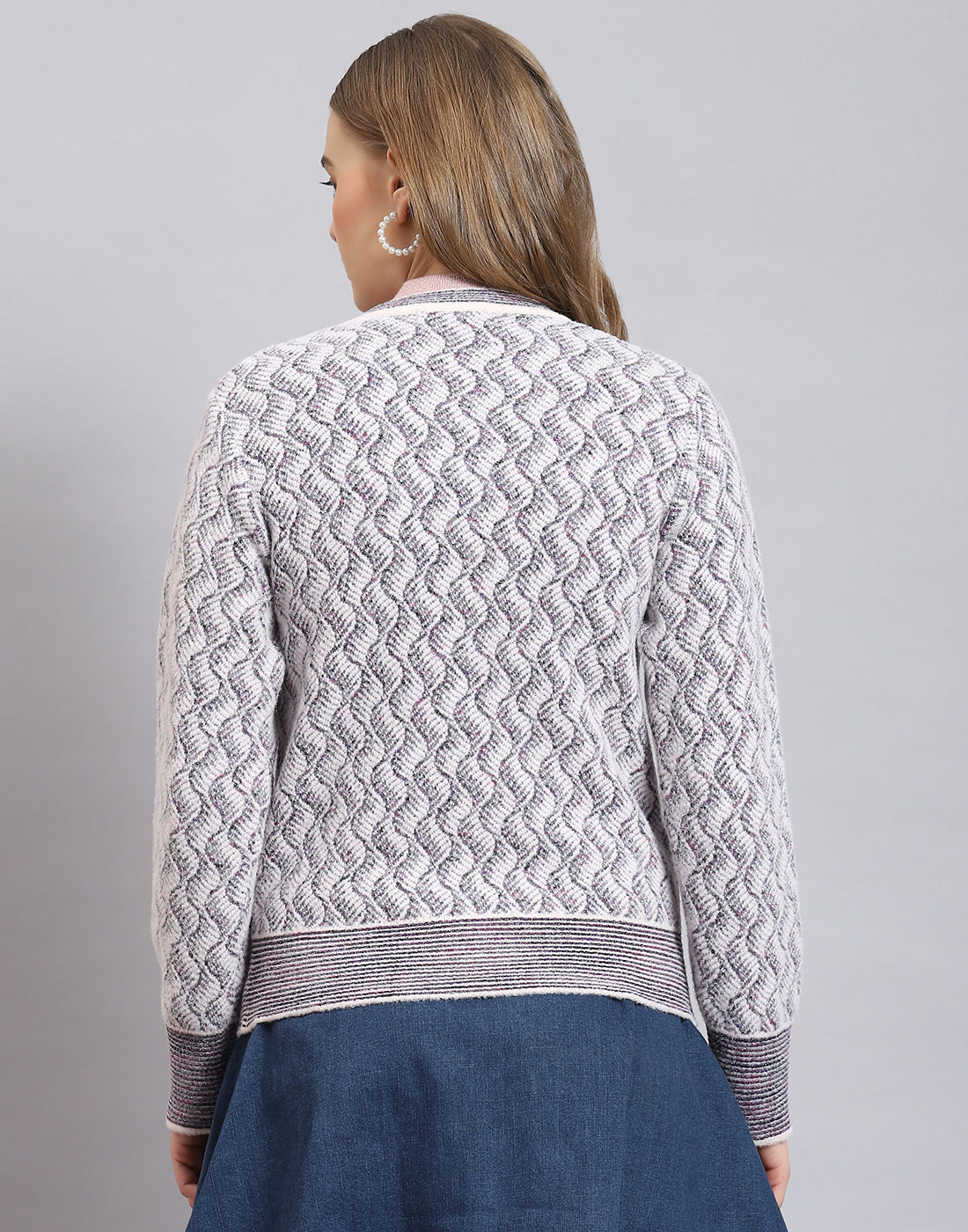 Women Pink Self Design V Neck Full Sleeve Cardigan