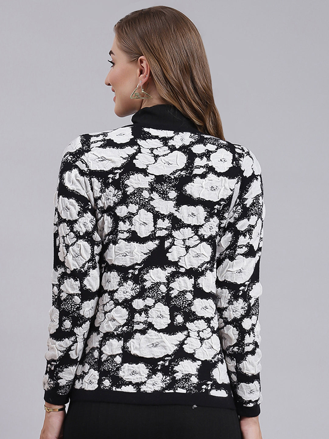Women Black Jaquard Wool blend Cardigan