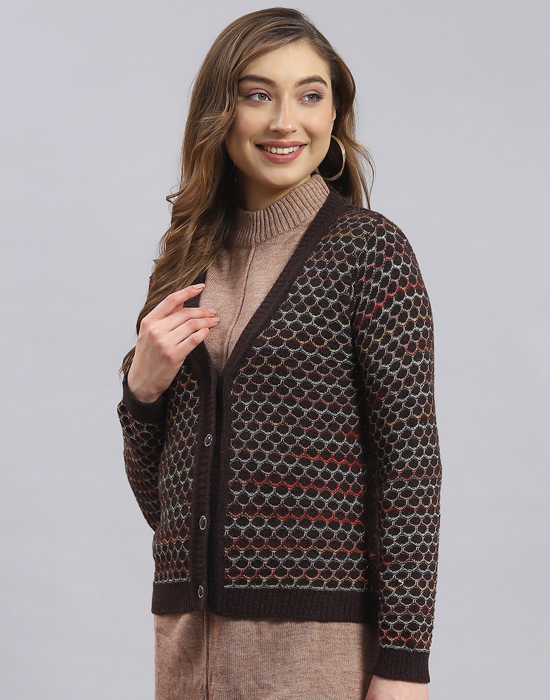 Women Brown Self Design V Neck Full Sleeve Sweater
