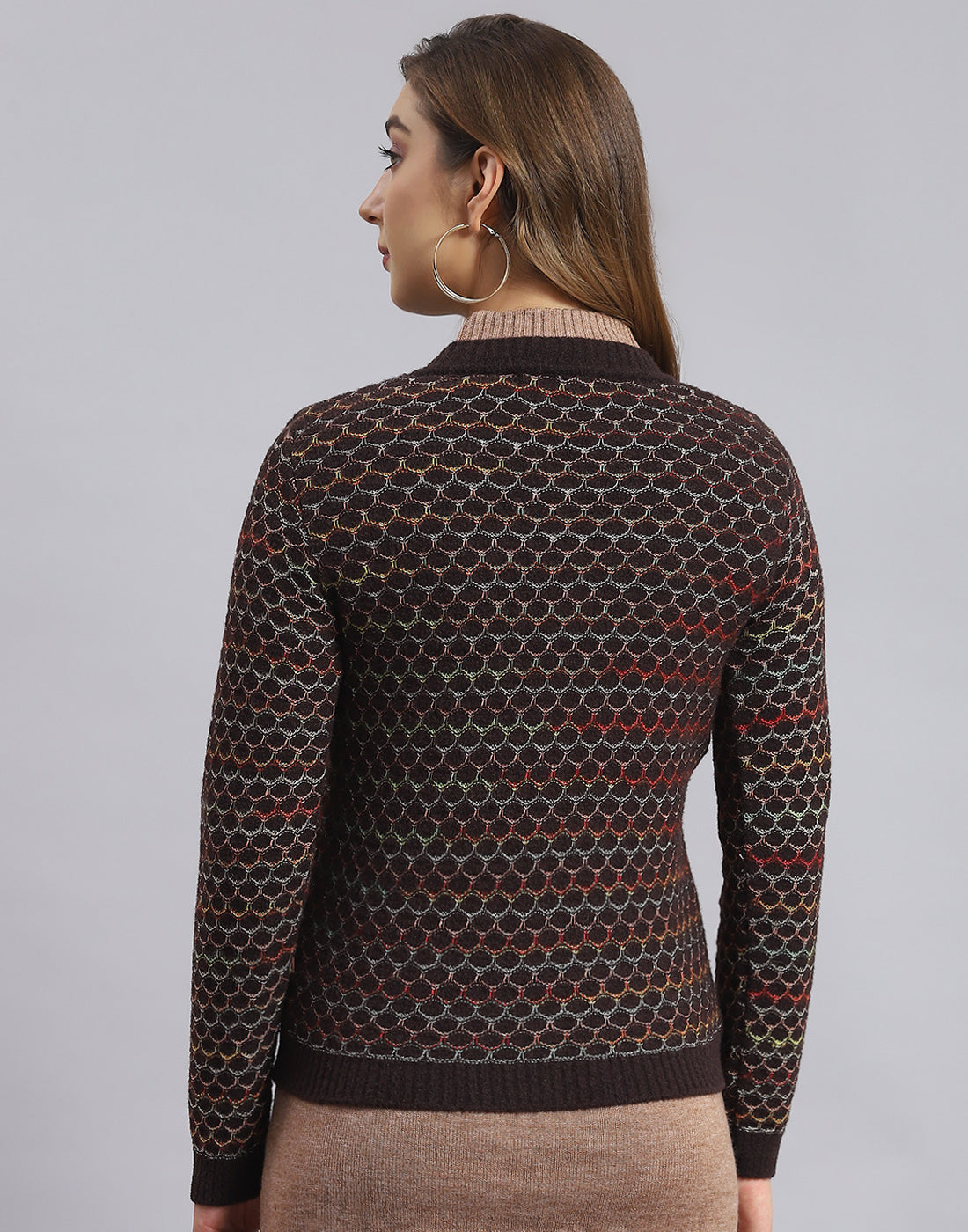 Women Brown Self Design V Neck Full Sleeve Sweater