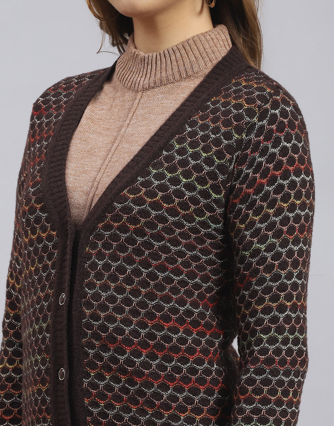 Women Brown Self Design V Neck Full Sleeve Sweater