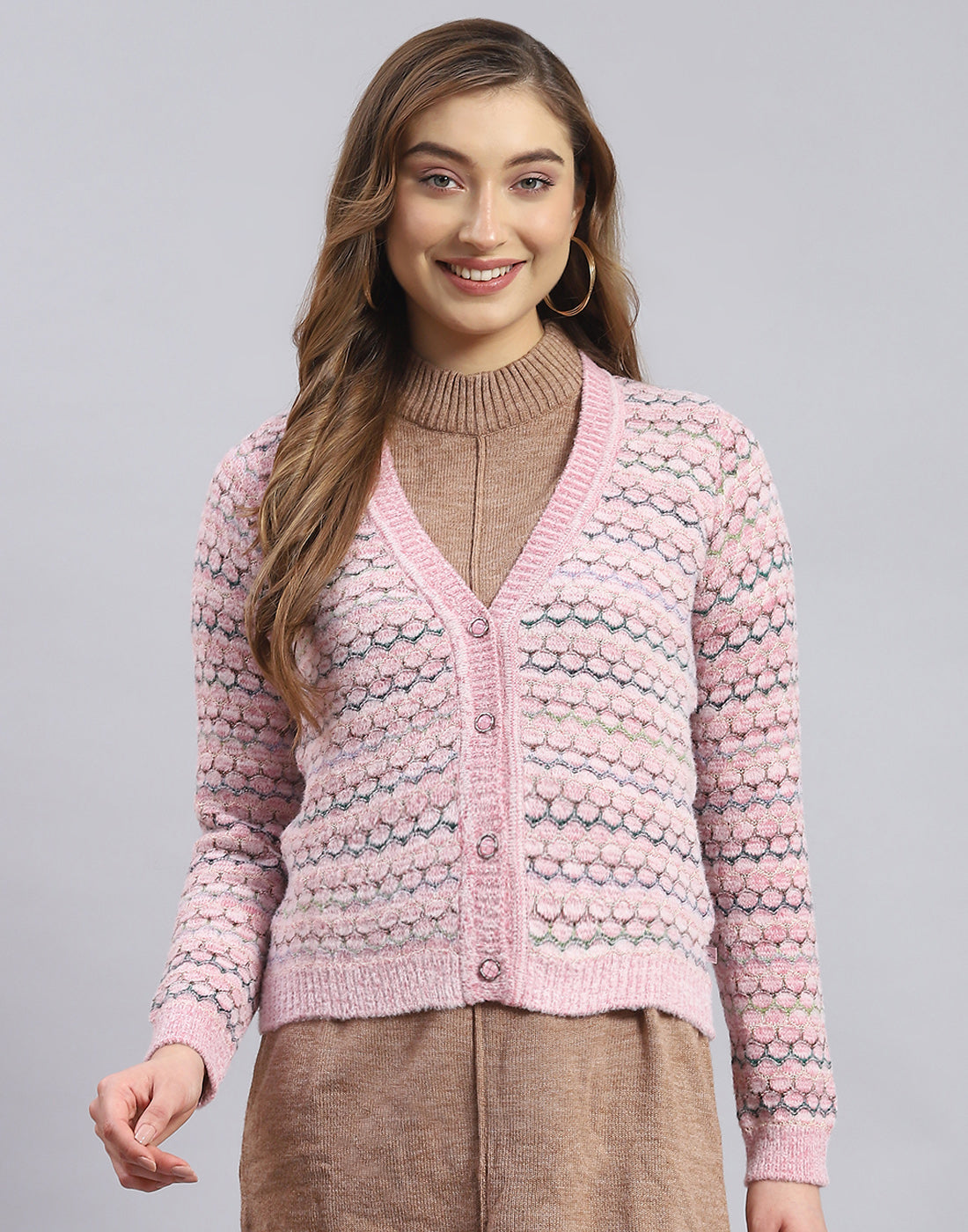 Buy Women Pink Self Design V Neck Full Sleeve Sweater Online in
