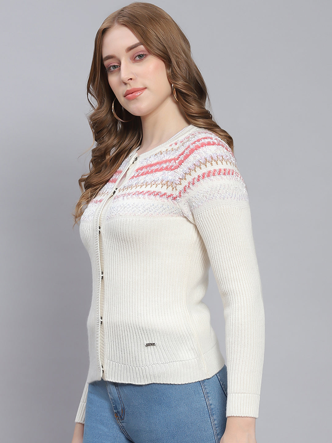 Women White Self Design Round Neck Full Sleeve Cardigans