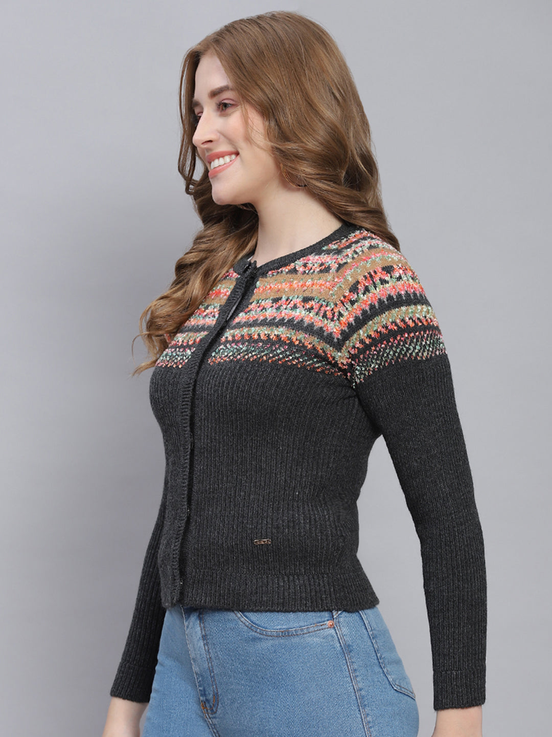 Women Grey Self Design Round Neck Full Sleeve Cardigans