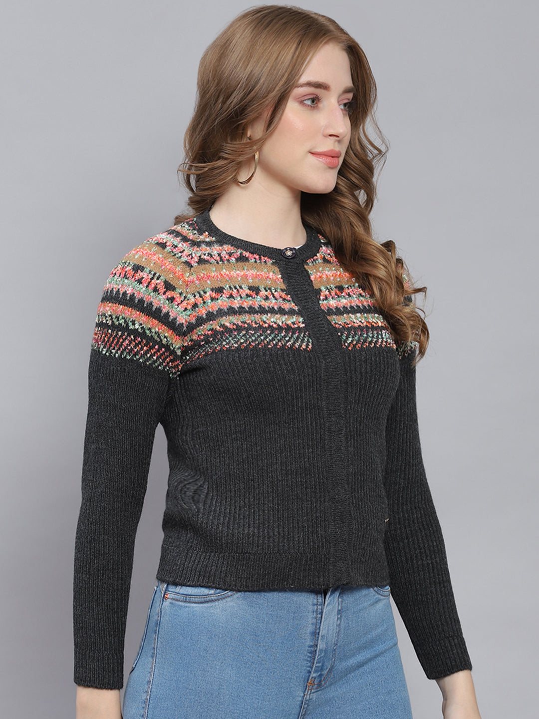 Women Grey Self Design Round Neck Full Sleeve Cardigans