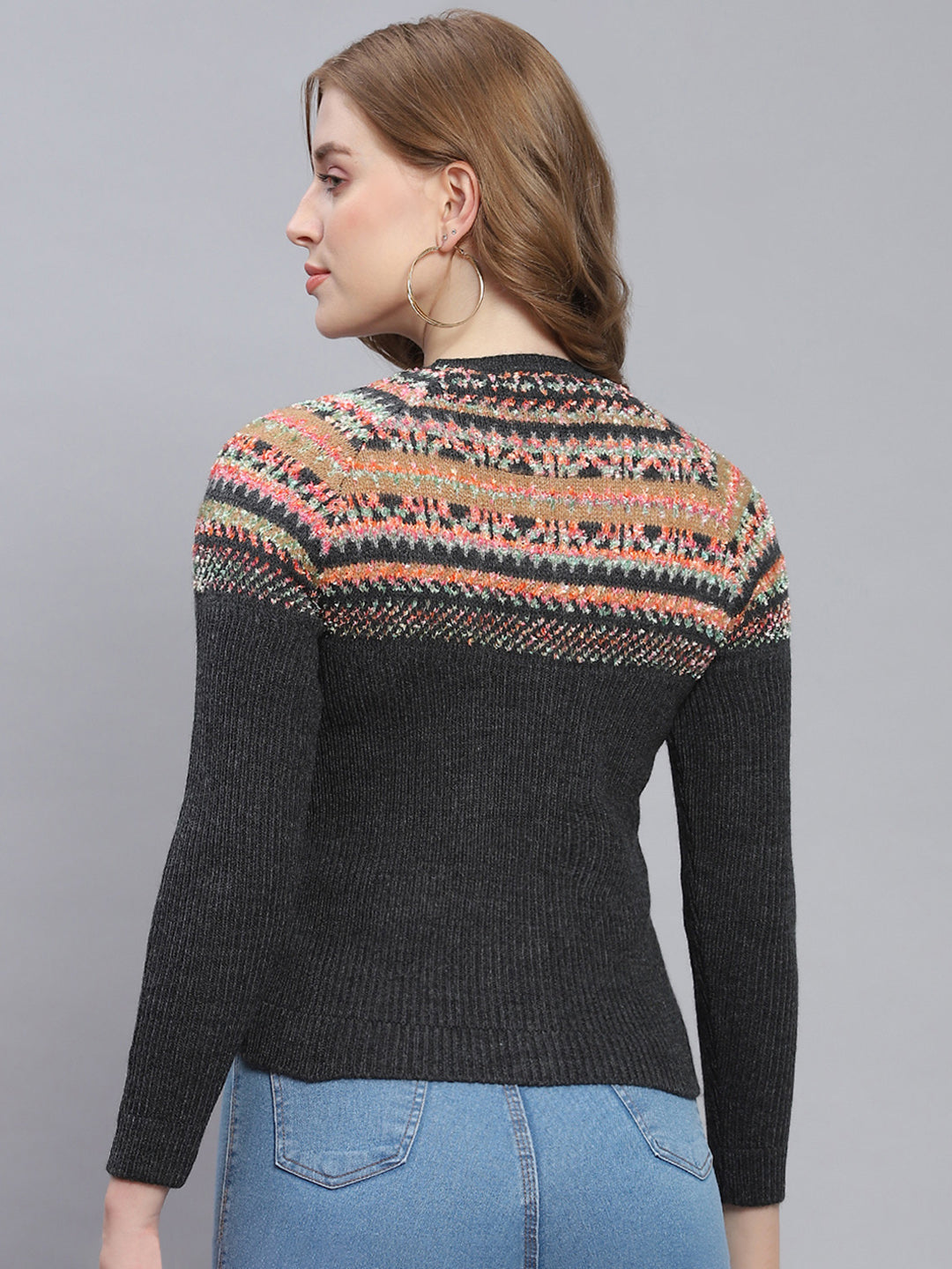 Women Grey Self Design Round Neck Full Sleeve Cardigans