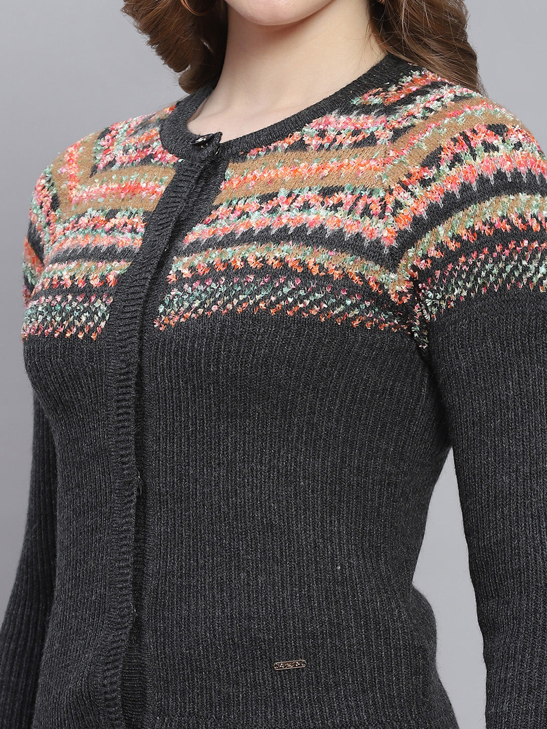 Women Grey Self Design Round Neck Full Sleeve Cardigans