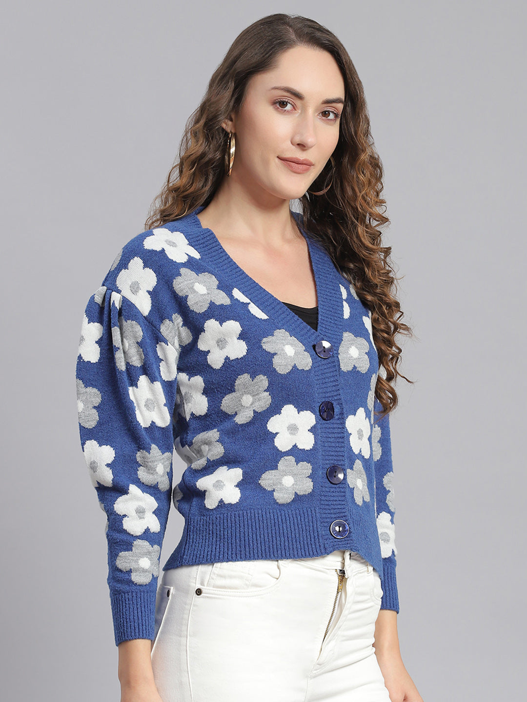 Women Blue Self Design V Neck Full Sleeve Cardigans