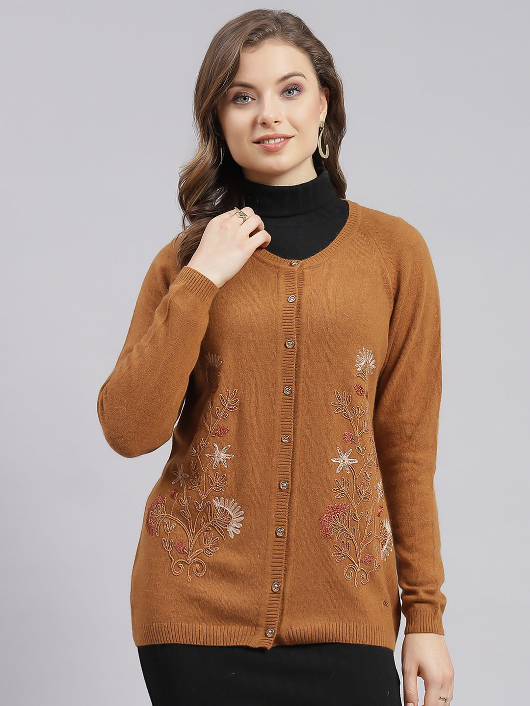 Buy Women Rust Orange Solid Wool blend Cardigan Online in India