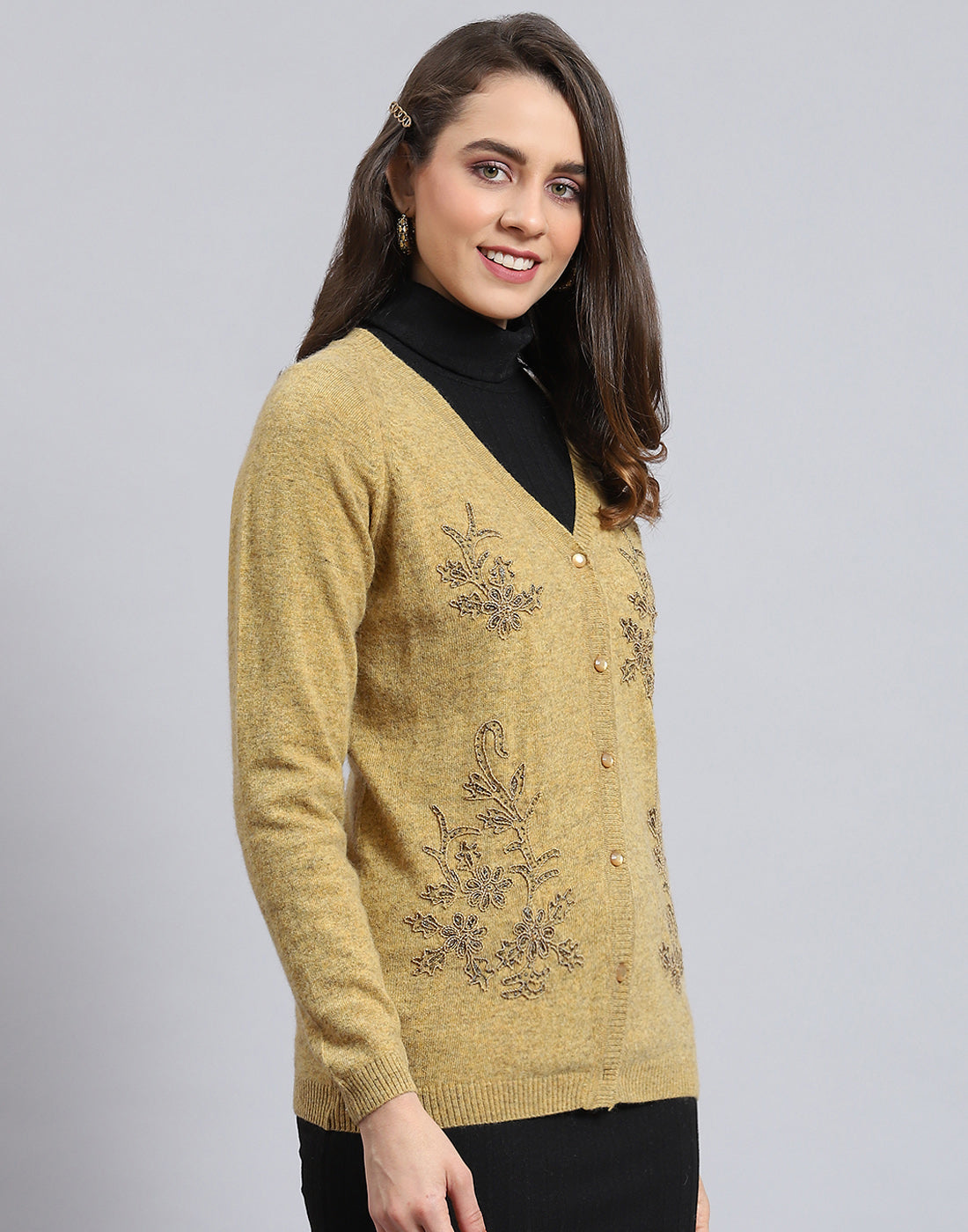 Women Mustard Embellished V Neck Full Sleeve Cardigan