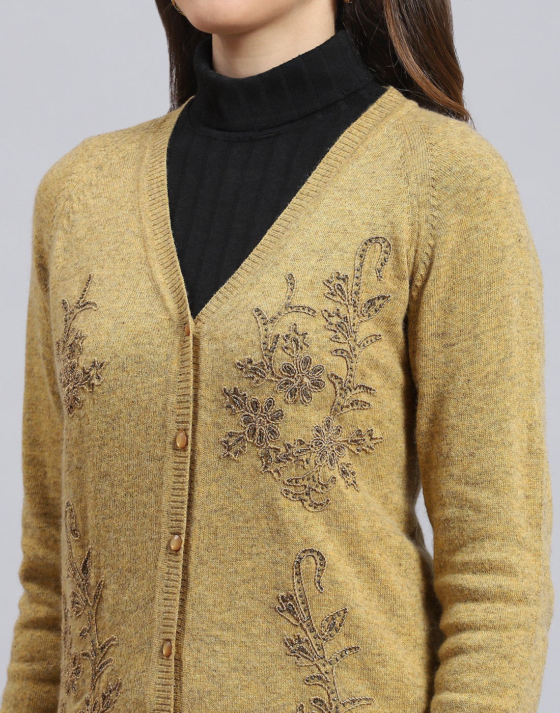 Women Mustard Embellished V Neck Full Sleeve Cardigan