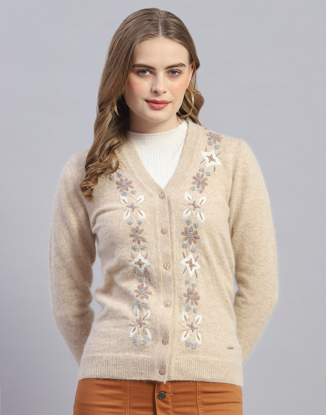 Women Beige Embroidered V Neck Full Sleeve Cardigan