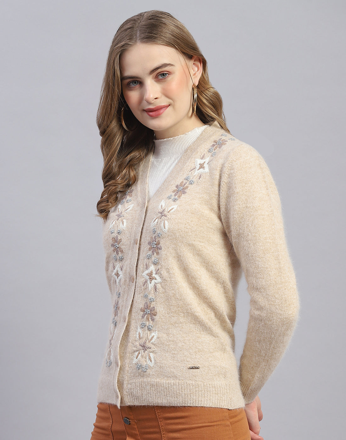 Women Beige Embroidered V Neck Full Sleeve Cardigan