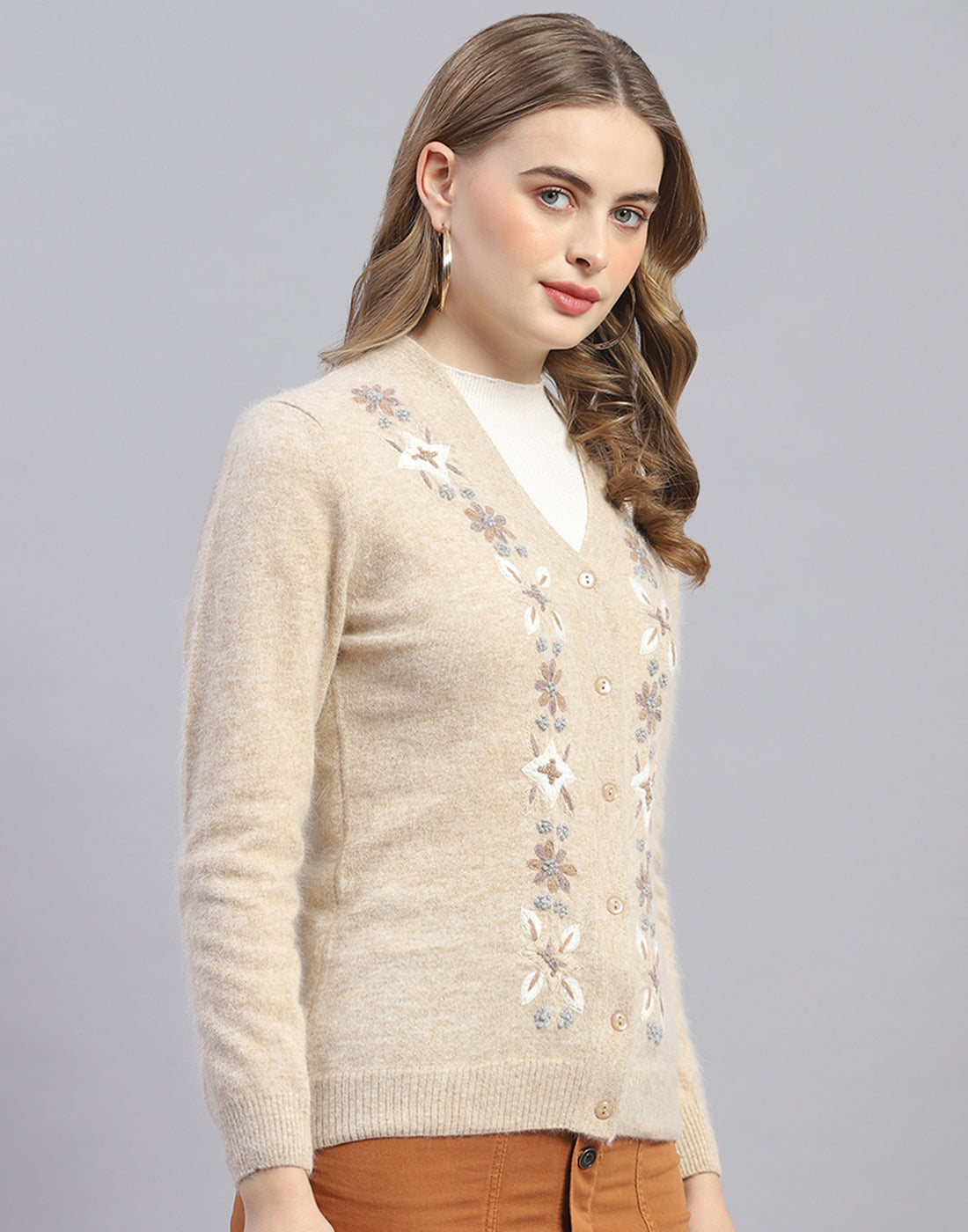 Women Beige Embroidered V Neck Full Sleeve Cardigan