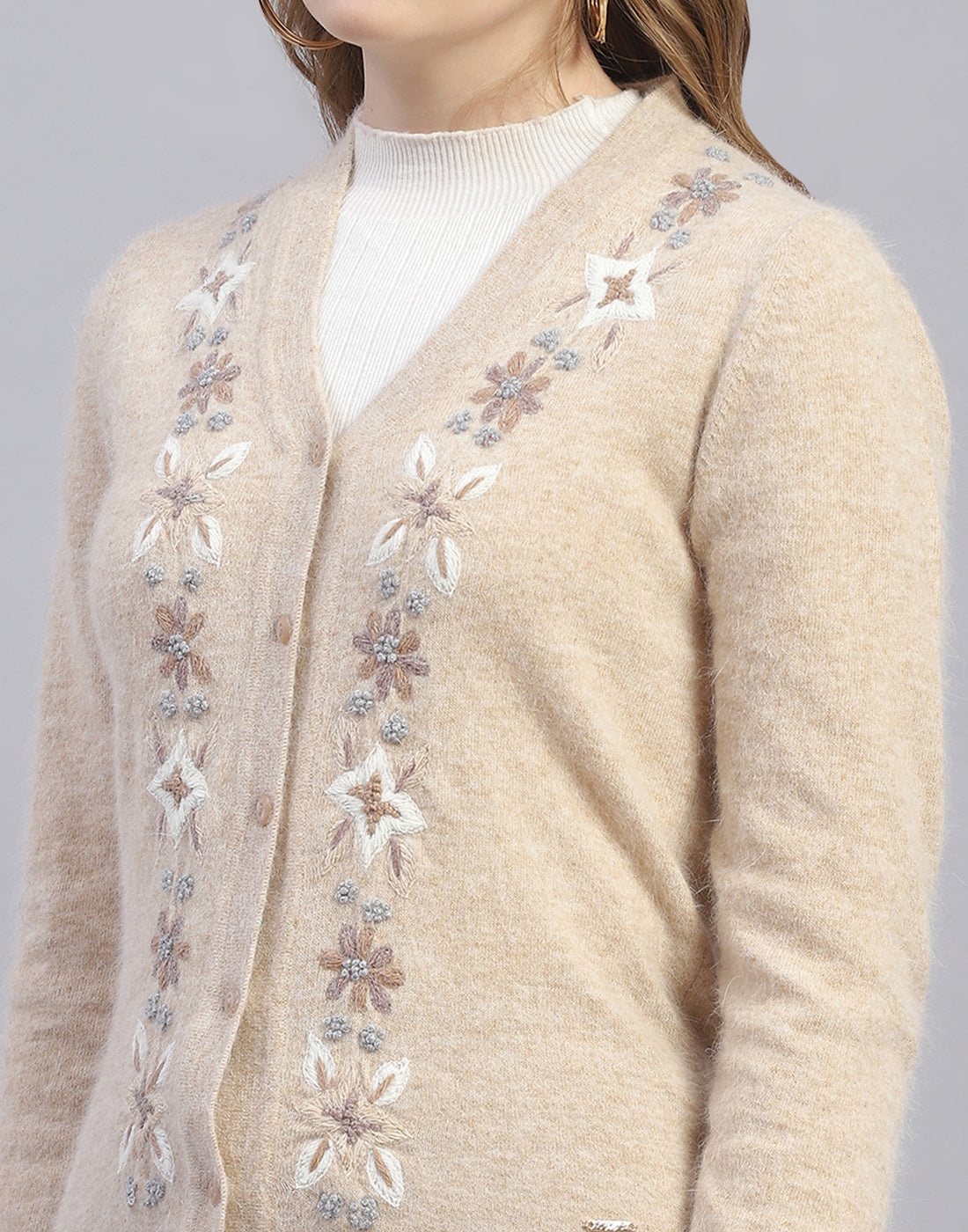 Women Beige Embroidered V Neck Full Sleeve Cardigan