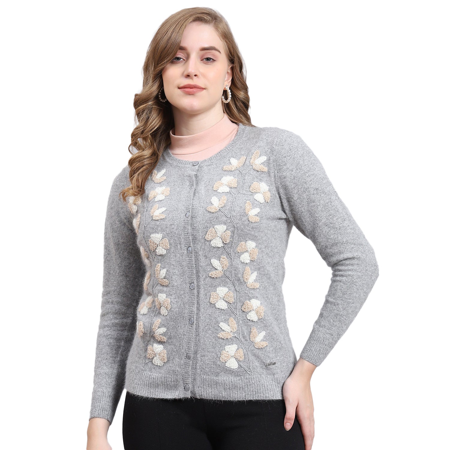 Women Grey Solid Round Neck Full Sleeve Cardigan