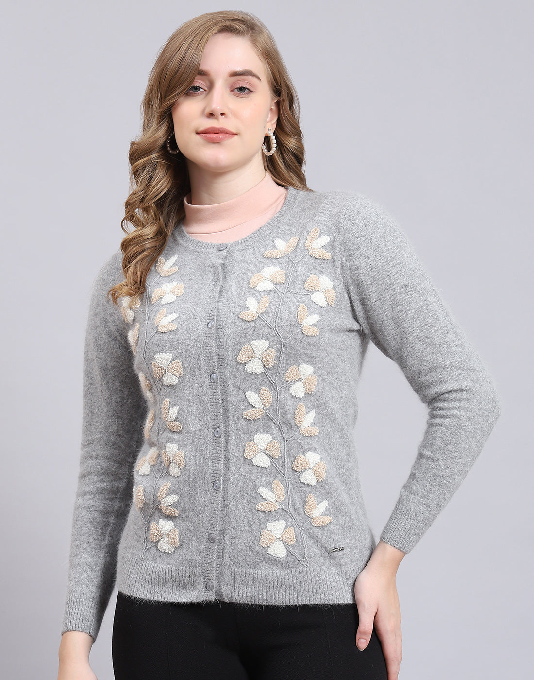 Women Grey Solid Round Neck Full Sleeve Cardigan