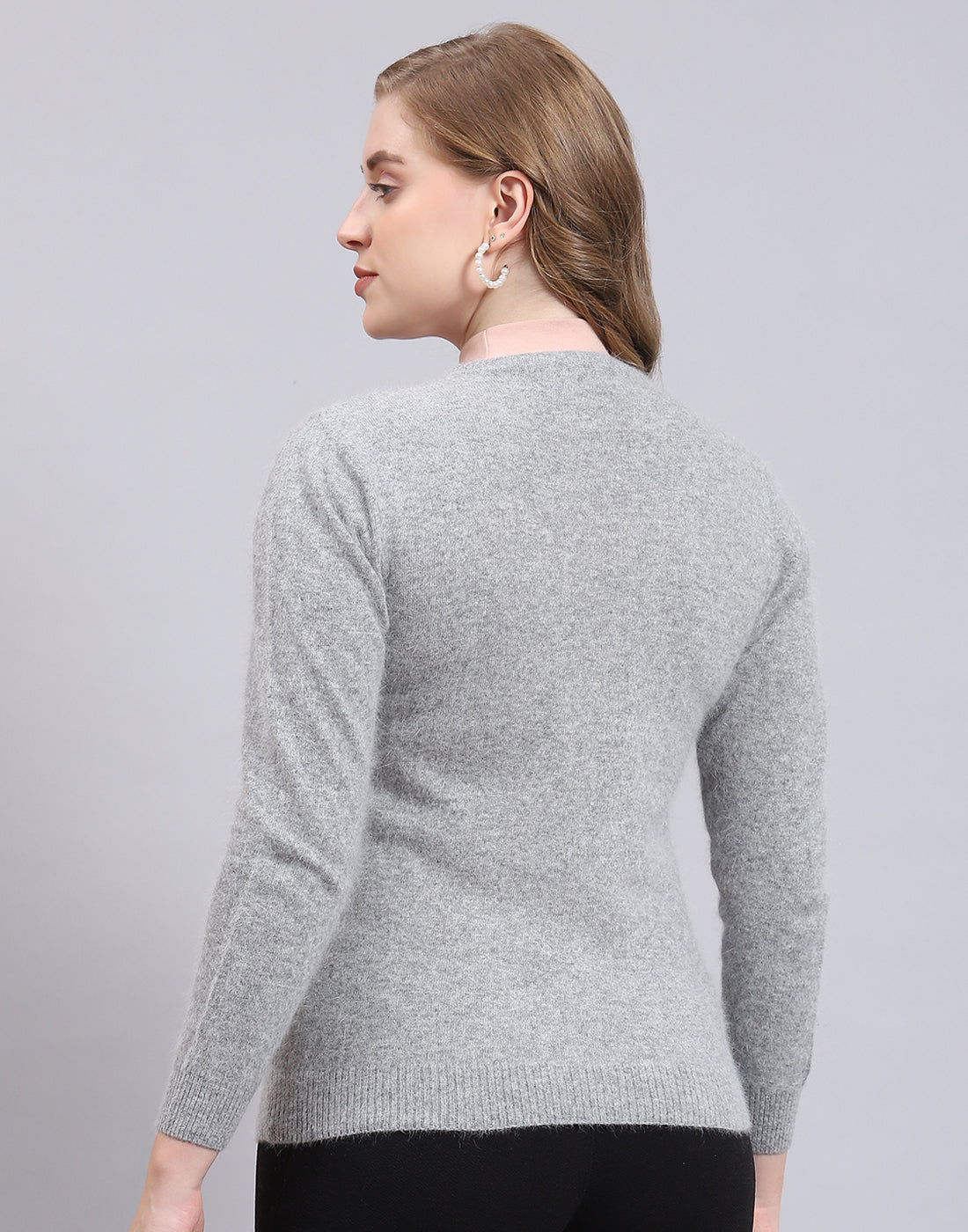 Women Grey Solid Round Neck Full Sleeve Cardigan