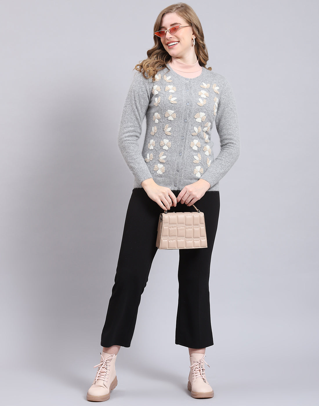 Women Grey Solid Round Neck Full Sleeve Cardigan