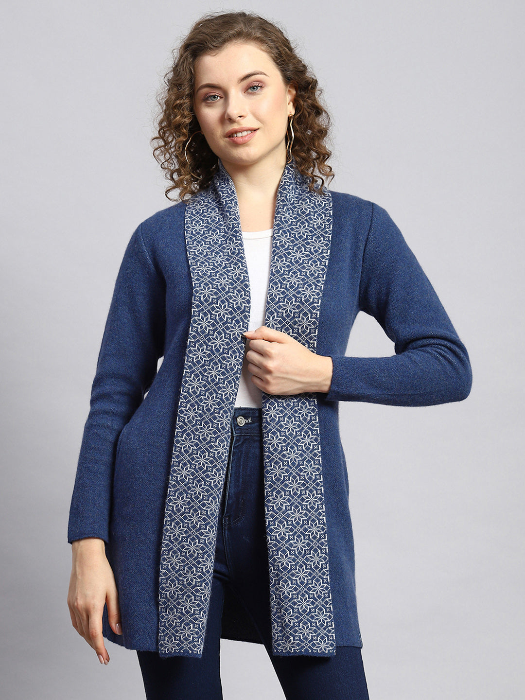 Women Blue Jaquard Cardigan