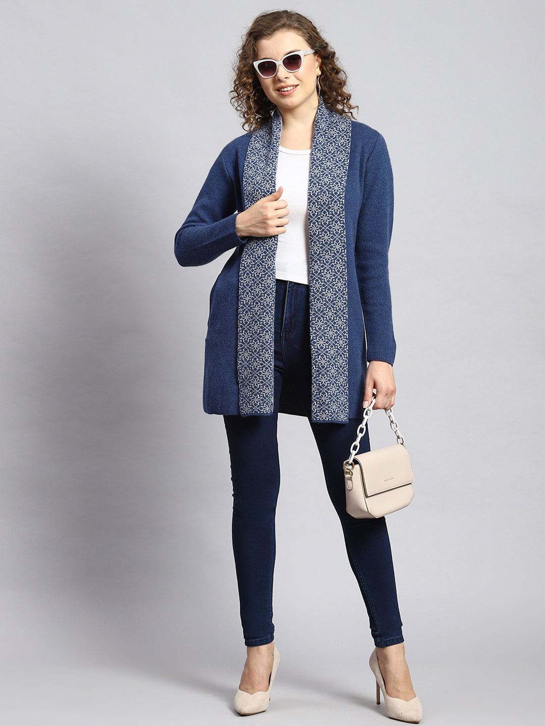 Women Blue Jaquard Cardigan