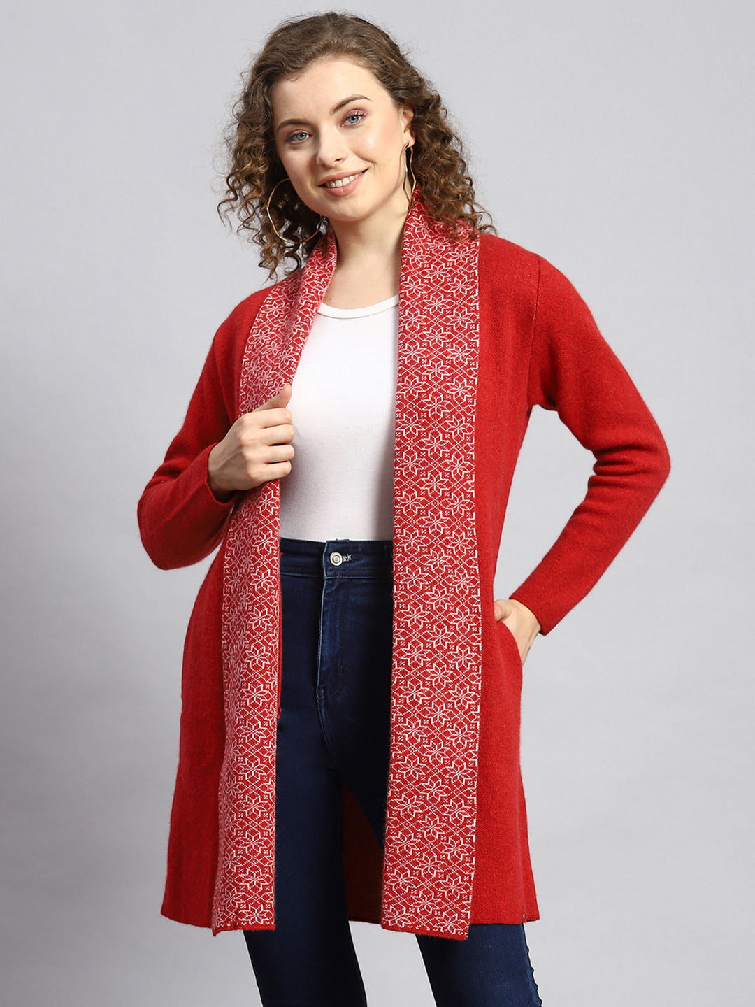Women Red Jaquard Cardigan