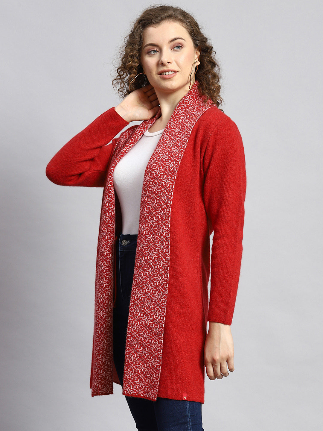 Women Red Jaquard Cardigan