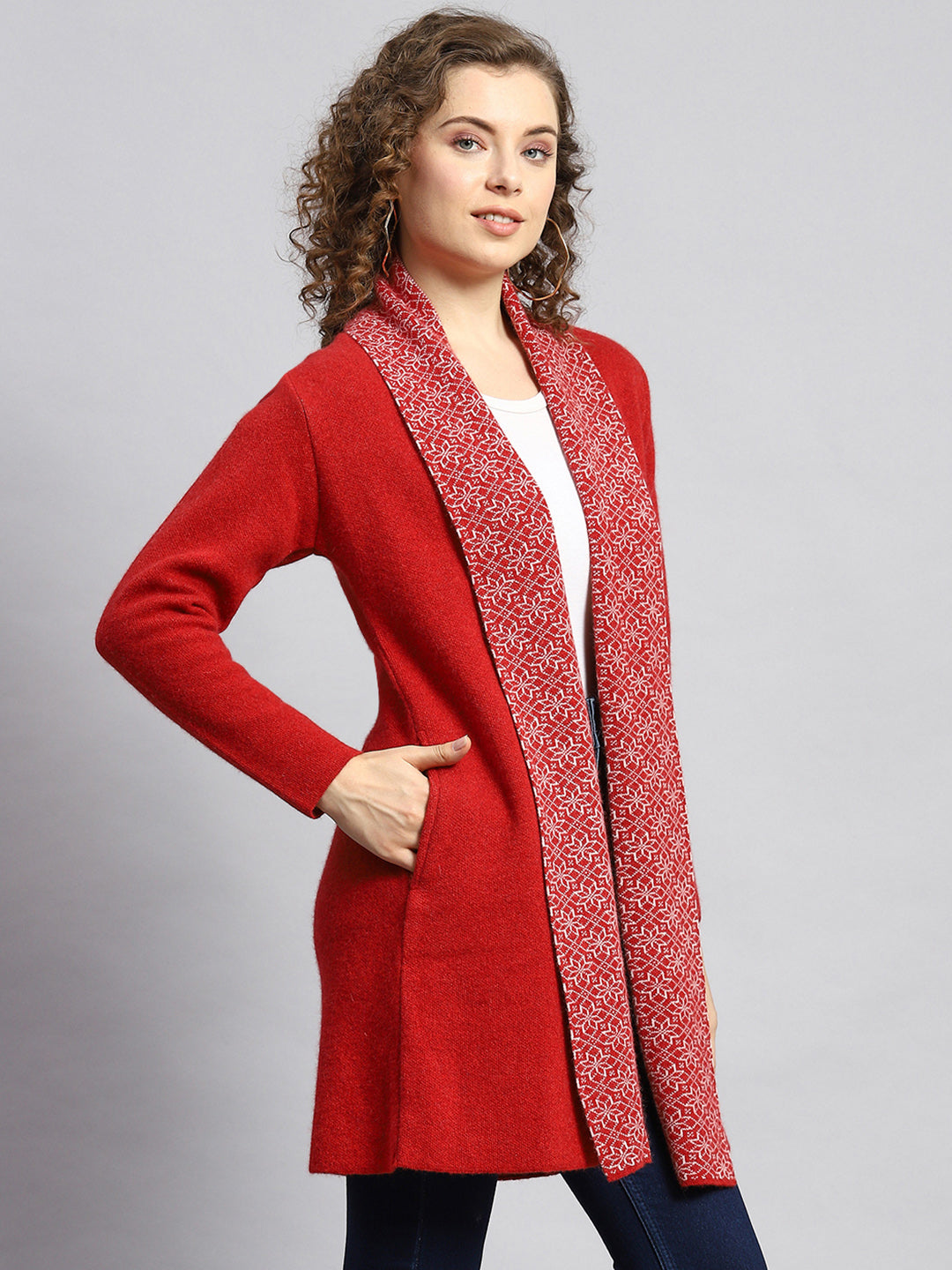 Women Red Jaquard Cardigan