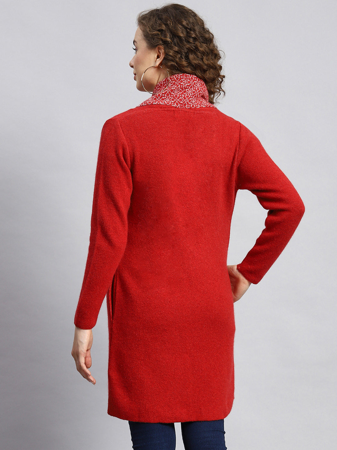 Women Red Jaquard Cardigan