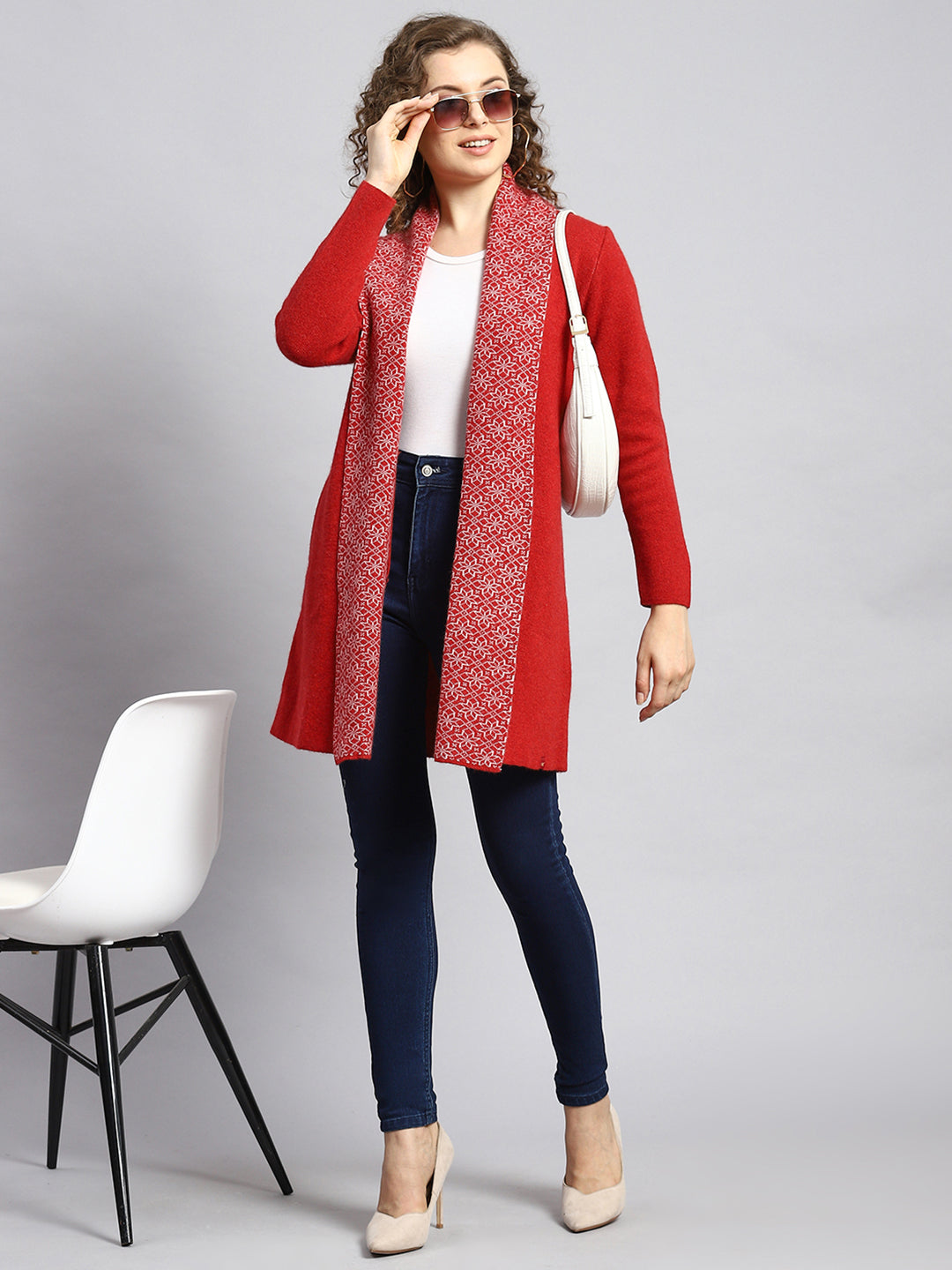 Women Red Jaquard Cardigan