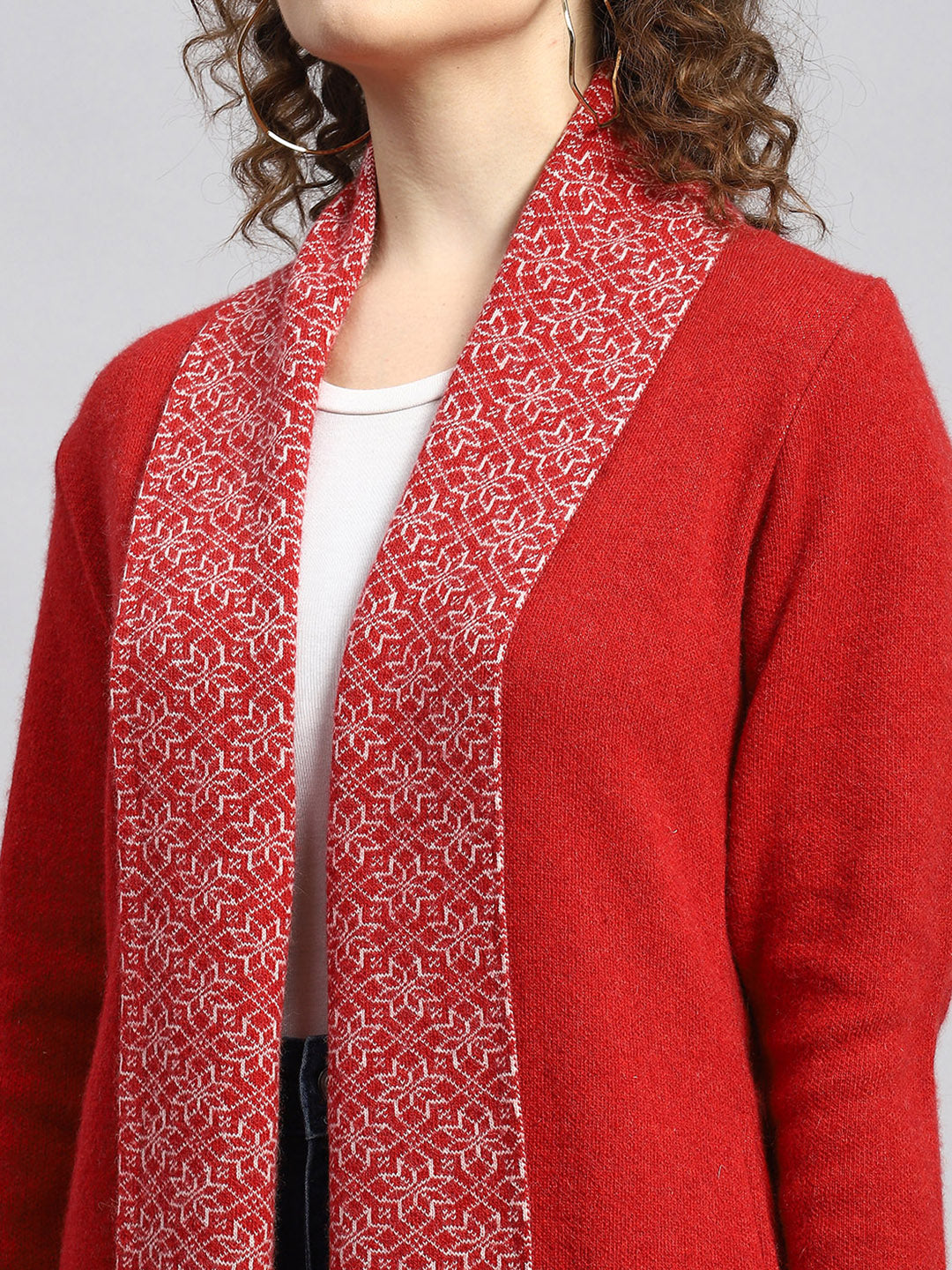 Women Red Jaquard Cardigan