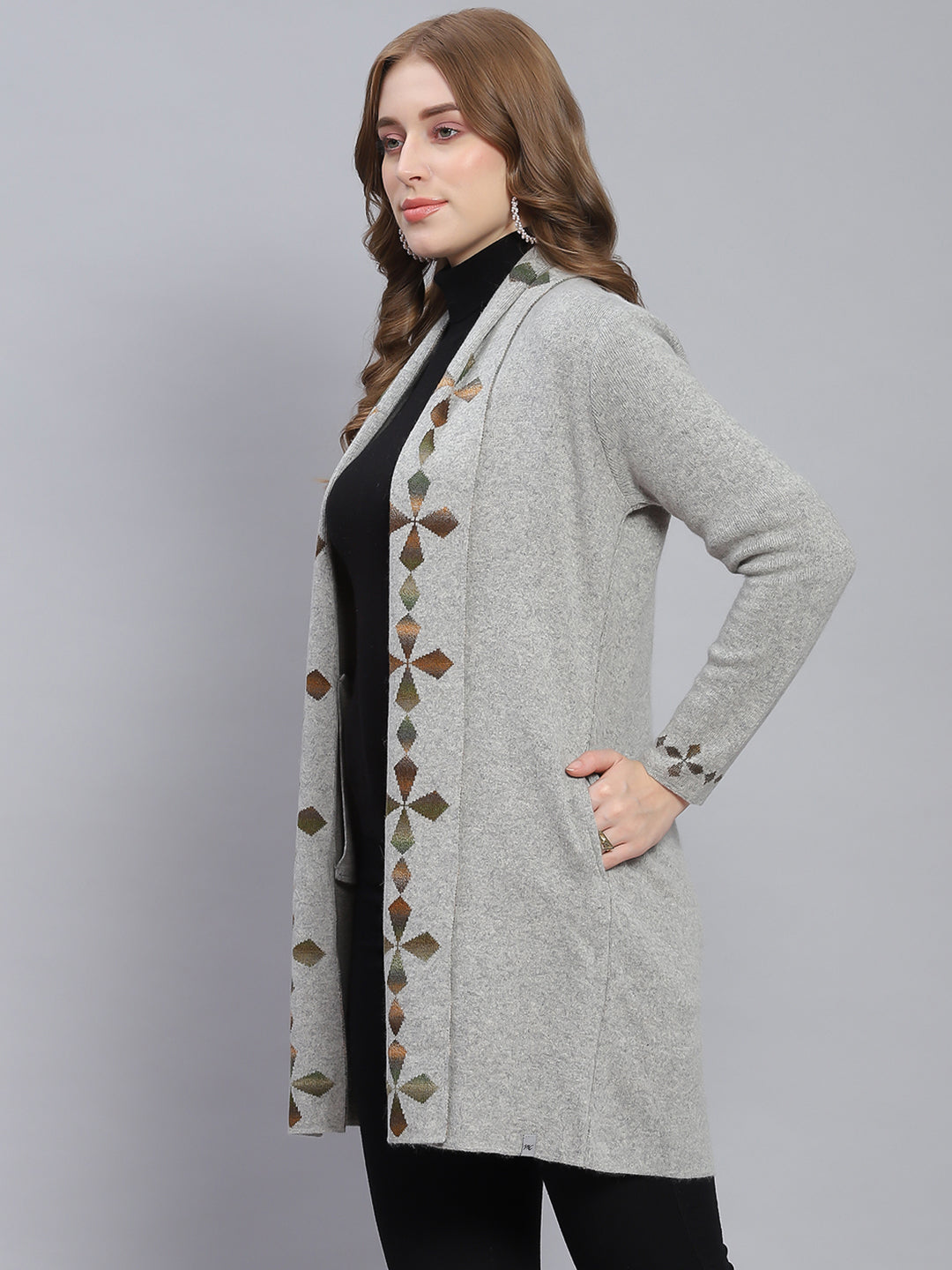Women Grey Self Design Front Open Full Sleeve Cardigans