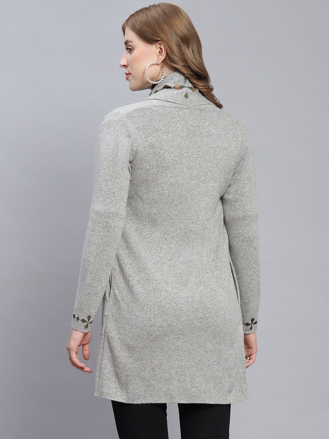 Women Grey Self Design Front Open Full Sleeve Cardigans