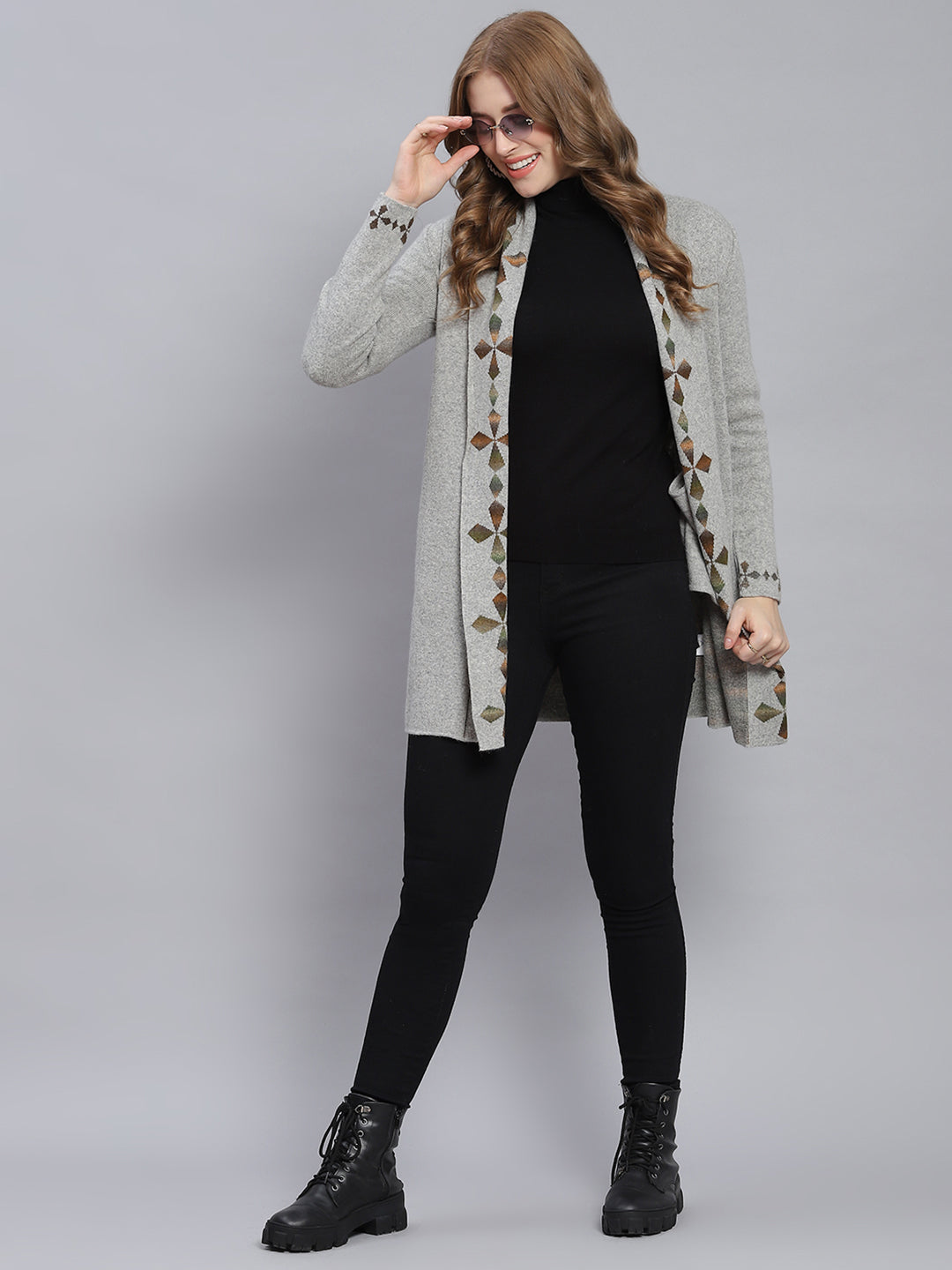 Women Grey Self Design Front Open Full Sleeve Cardigans