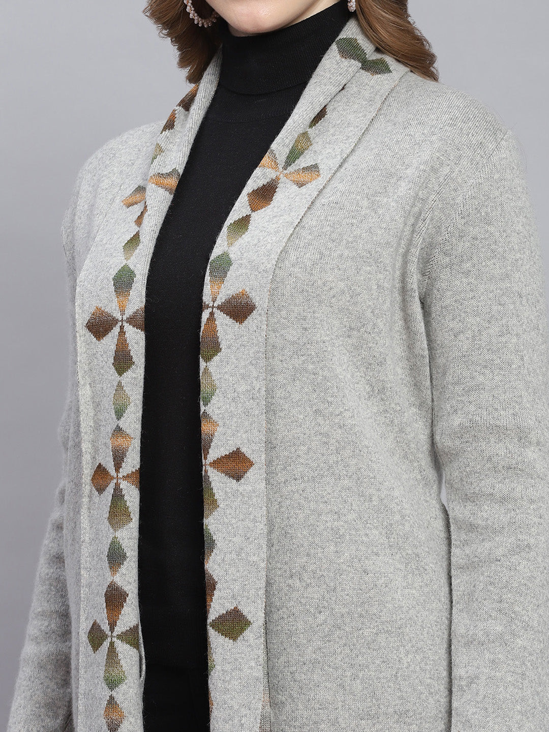 Women Grey Self Design Front Open Full Sleeve Cardigans