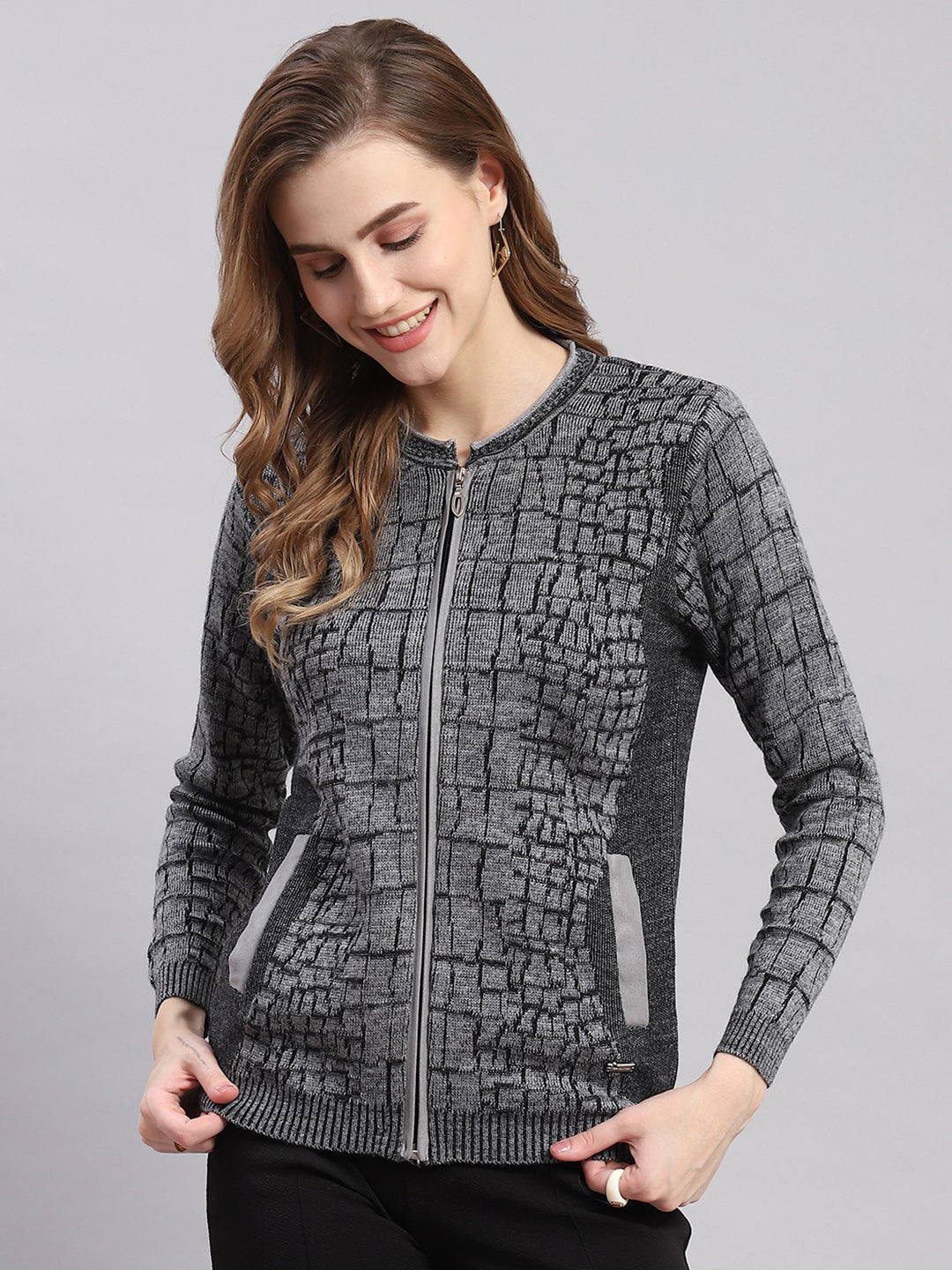 Women Grey Self Design Round Neck Full Sleeve Cardigans