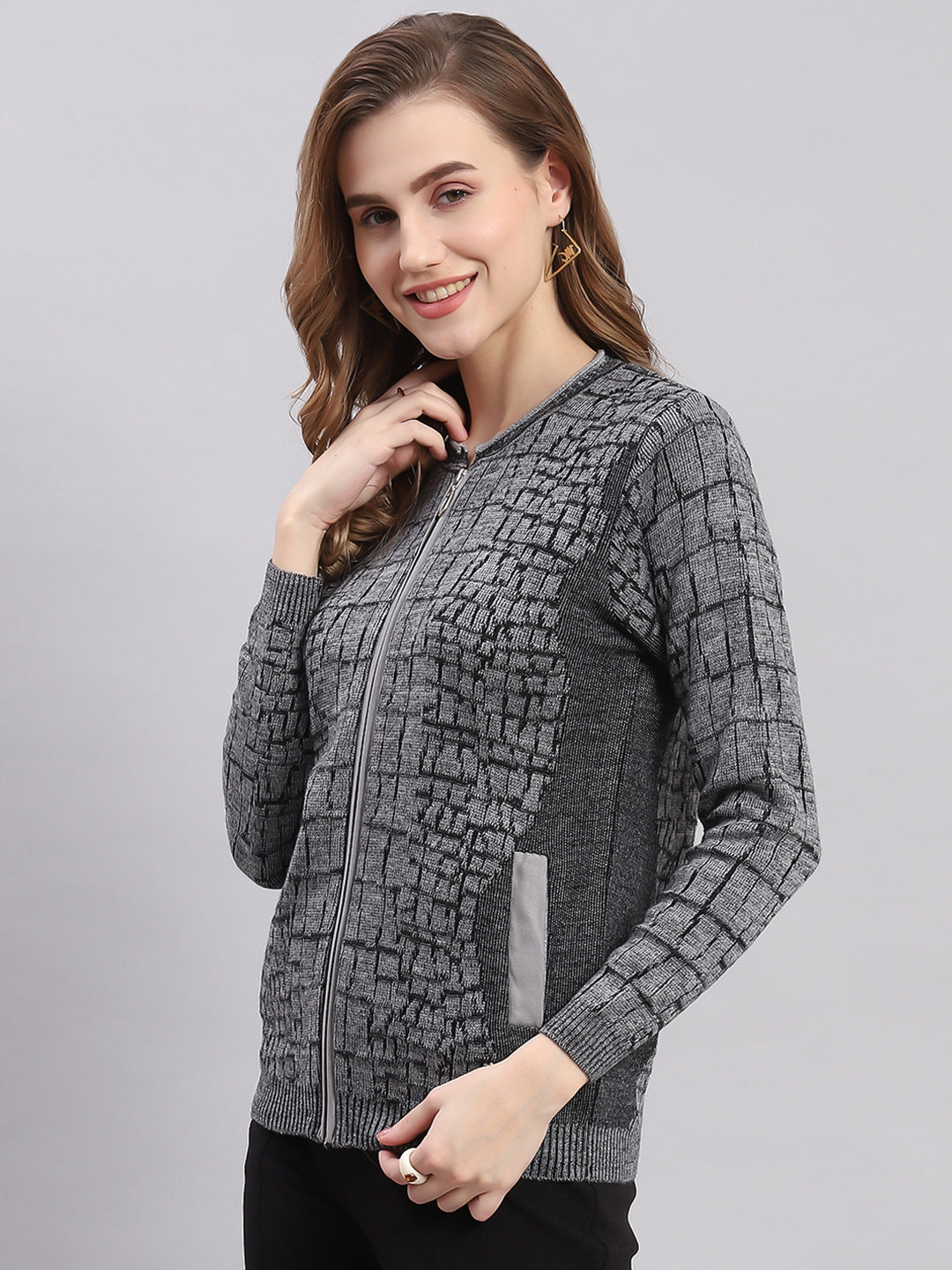 Women Grey Self Design Round Neck Full Sleeve Cardigans
