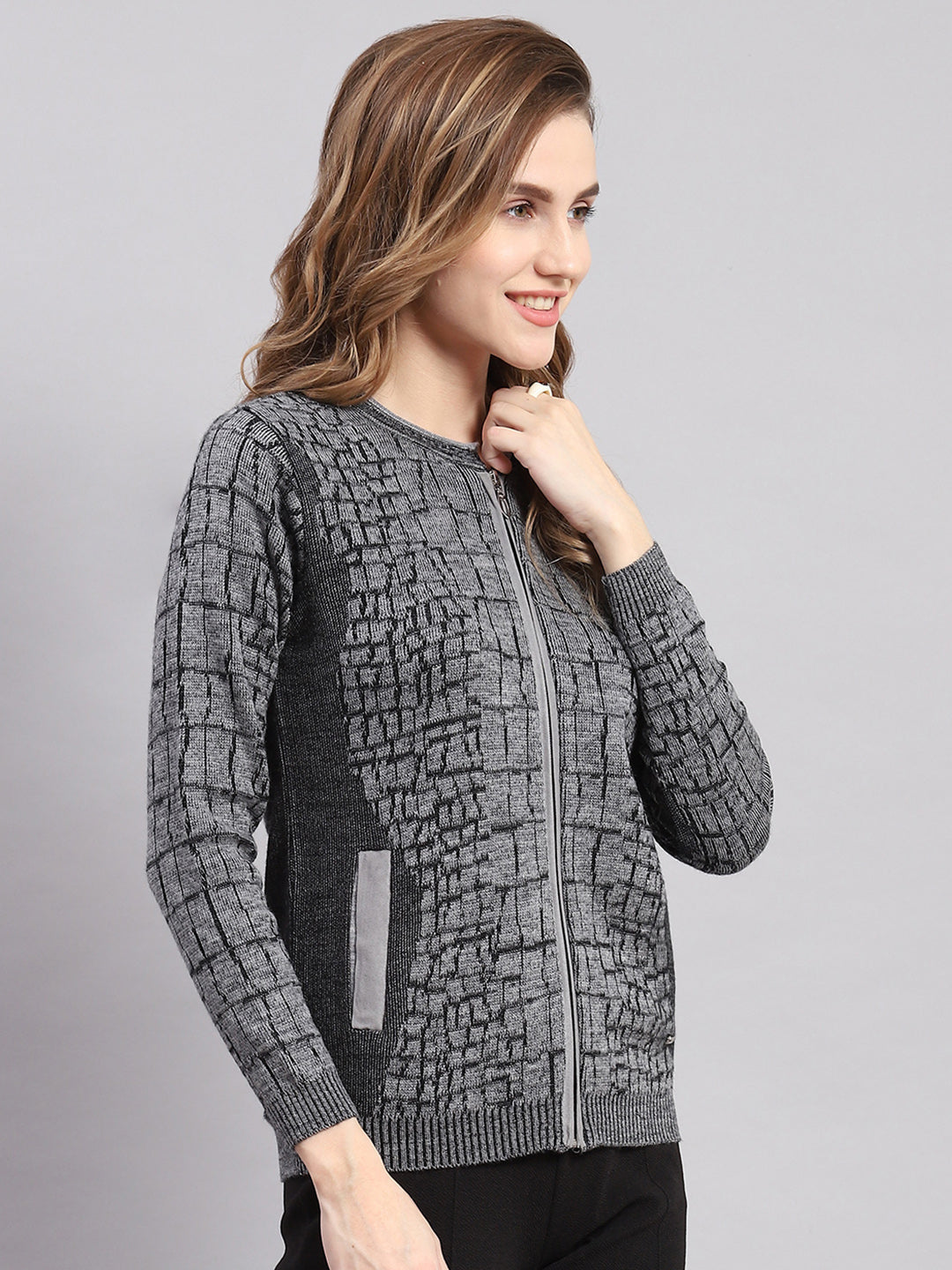 Women Grey Self Design Round Neck Full Sleeve Cardigans