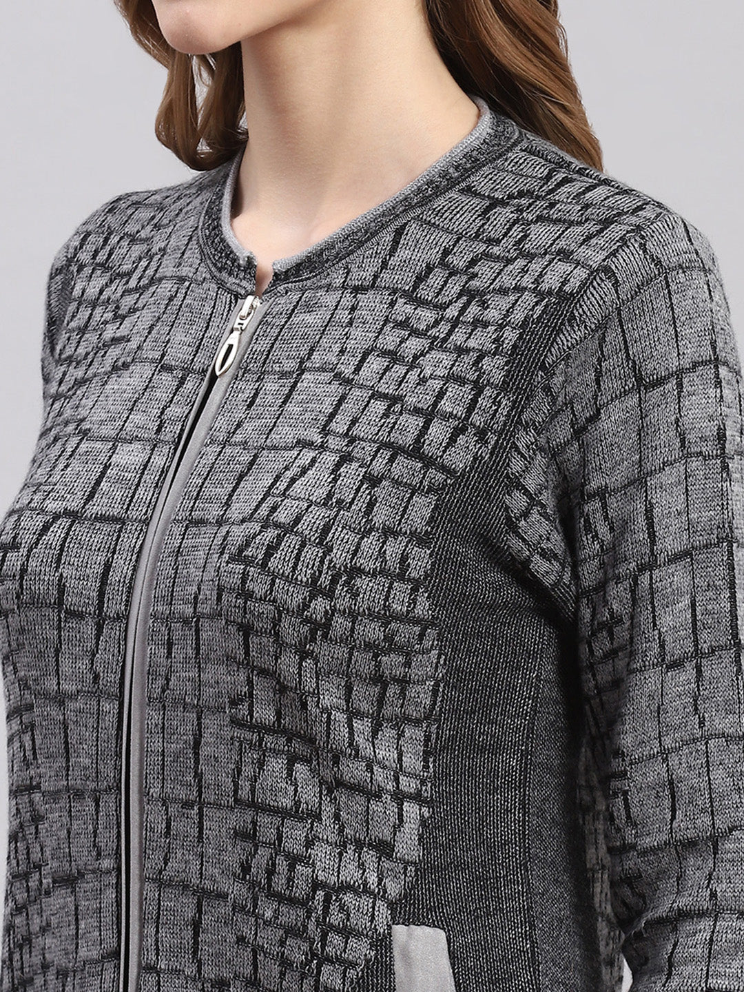 Women Grey Self Design Round Neck Full Sleeve Cardigans