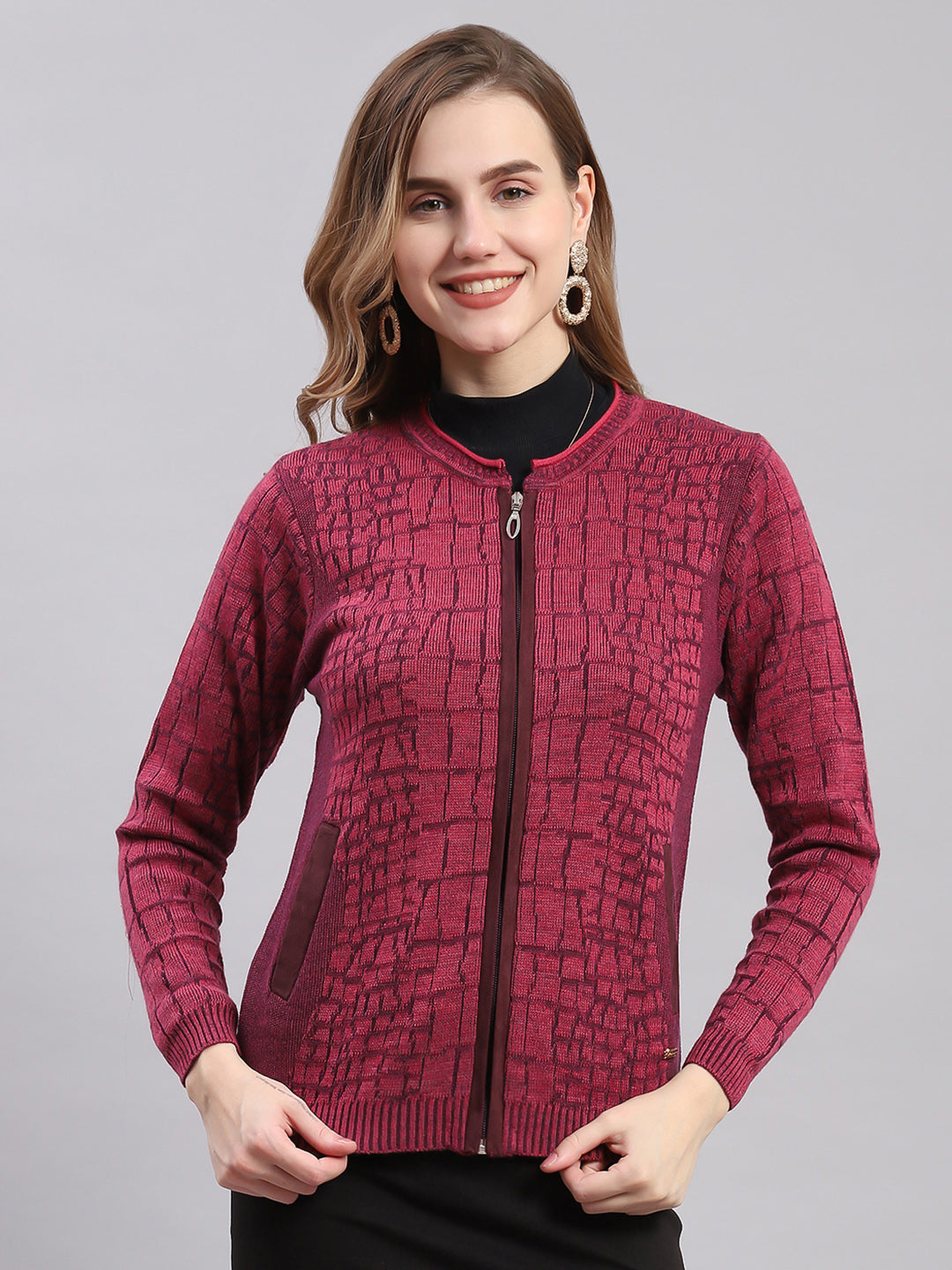 Women Pink Self Design Round Neck Full Sleeve Cardigans